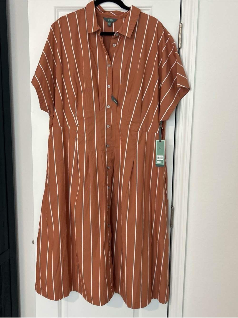 Terra & Sky Midi Fit/Flare Dress- 2X Terracotta Button Down Vertical Stripe- NWT